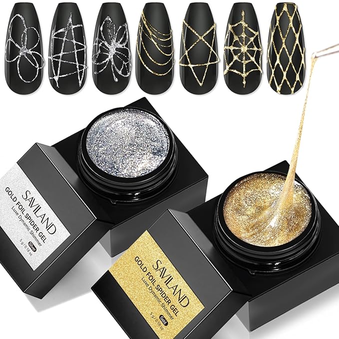 SAVILAND Gold & Silver Spider Gel for Nails: 2 PCS Glitter Spider Gels for Nail Art No-Wipe Unbreakable Gel Liner Nail Polish for Drawing Line Sparkling Effect Beginner Home DIY Salon Use