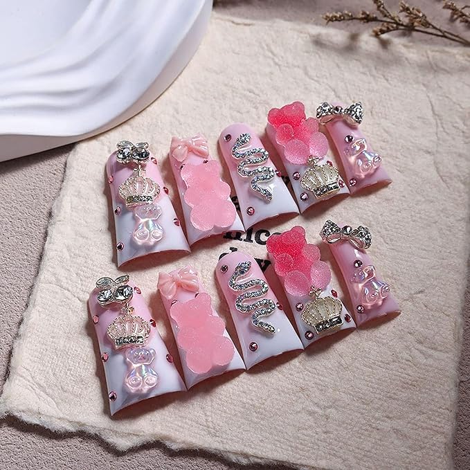 10Pcs Long Press on Nails Handmade Duck Fake Nails French Tip False Nails with Glue 3D Charms Design Acrylic Nails Luxury Rose Pink Stick on Nail for Women (Size M)