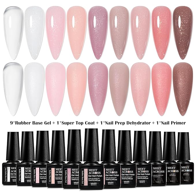 MEET ACROSS Rubber Gel Base Coat for Nails, 12Pcs Jelly Rubber Base Gel Polish for Nails Shiny Nude Sheer White Pink Long Lasting Protect Soak Off U V LED Builder Gel For Thin Weak Nails