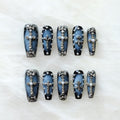 Gothic Press-On Nails, Long Ballerina Shape, Blue with Chrome and Pearl Accents, Handmade False Nail 10 Pieces (Small, LS)