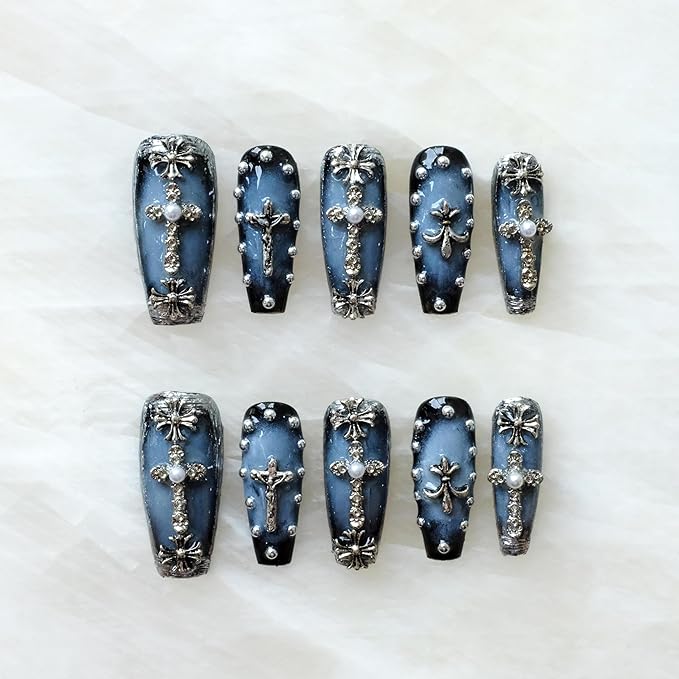 Gothic Press-On Nails, Long Ballerina Shape, Blue with Chrome and Pearl Accents, Handmade False Nail 10 Pieces (XS, LS)