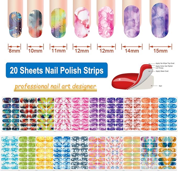 DANNEASY 20 Sheets Color Blending Nail Polish Stickers Full Nail Wraps for Women Marble Fingernails Wrap Self Adhesive Nail Polish Strips Gel Nail Strips with File, Cuticle Stick