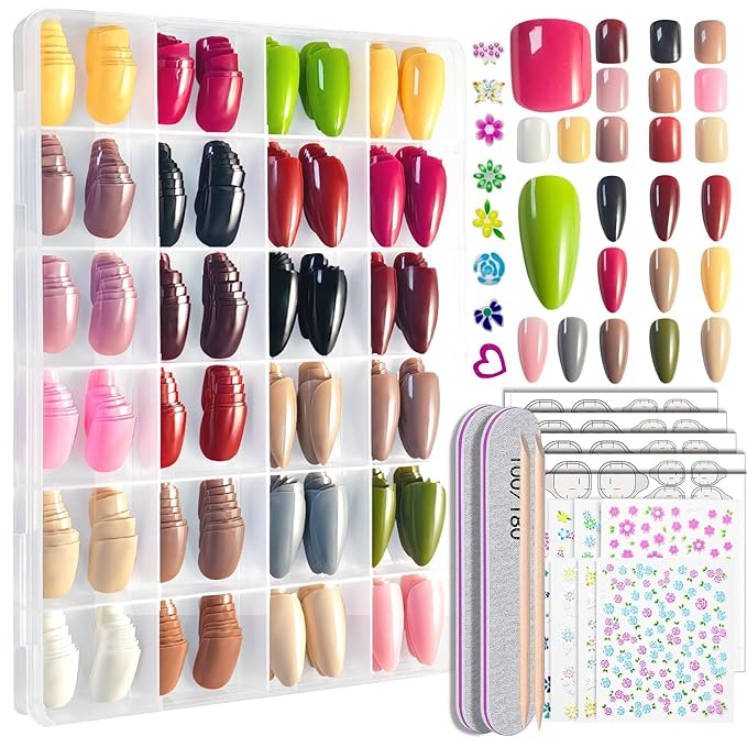 Press On Nails 576Pcs with 12Pack Short Press On Nails Round and 12Pack Glossy Fake Nails Almond, Natural Fit, Both Lengths for Elegant And Daily nails For Women Girls