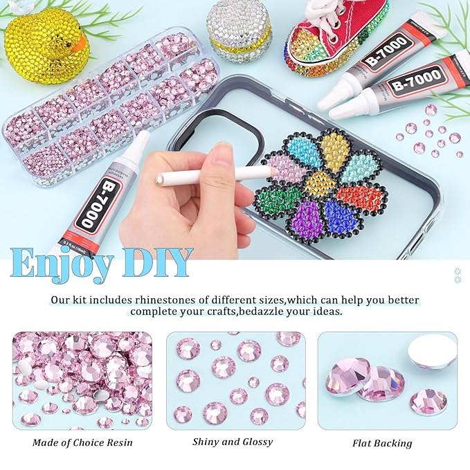 12000Pcs Resin Rhinestones for Bedazzling with 3Pcs B7000 Jewelry Glue, 2 Boxes Light Pink Flatback Rhinestones for Crafting Crafts DIY, Crystals Gems for Clothing Shoes Tumblers Nail Art Makeup