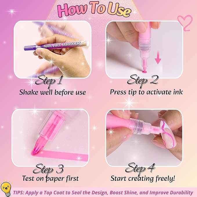 12 Colors 3D Nail Art Pens Set, 0.7mm Fine Tip, Waterproof and Quick-Drying Nail Polish Markers, Nail Painting Kit for DIY Nail Art Design