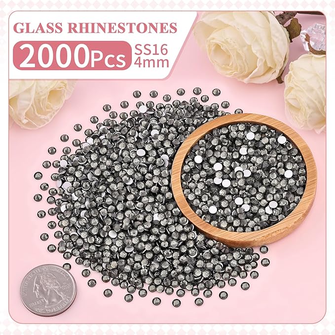 2000PCS SS16/4mm Crystal Rhinestones (Black Diamond), Bedazzling Flatback Glass Rhinestones for Crafting, Gems Diomand Charms for Tumbler Shoes Clothing Mugs Nail Art