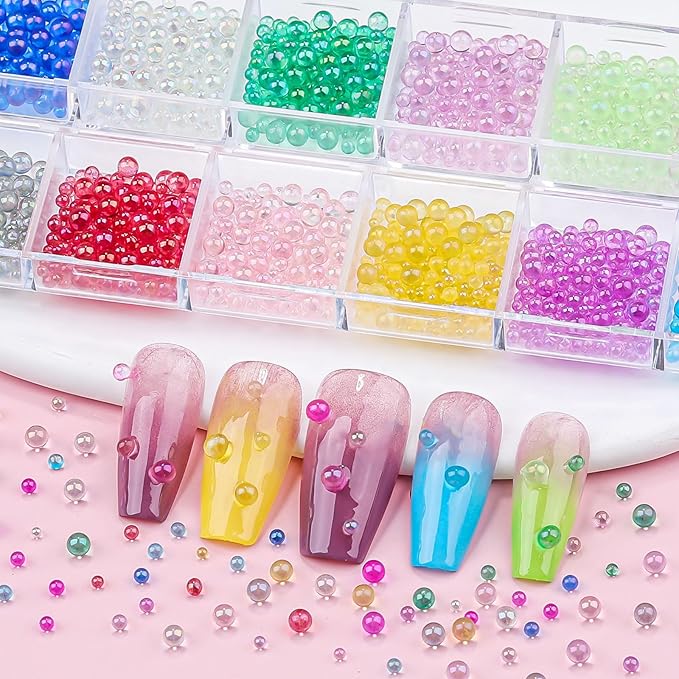 3D Mixed Sizes Bubble Beads Nail Charms Jewelry, 3D Aurora Bubble Beads Nail Charms Colorful Iridescent Mermaid Crystal Gems with Pickup Tools for Nails DIY Crafts Decorations(30-K1-3)