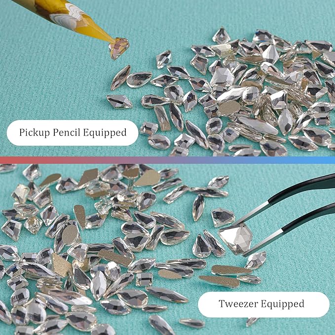 Multi Shapes Transparent White 3D Glass Crystal Nail Art Rhinestones Kit with Flatback Round Bead Charm Gem Stone Jewelry Diamond with Pickup Pen + Tweezer for Manicure Makeup DIY Craft Decoration