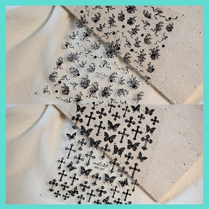 Black Lace Cross Nail Art Stickers Butterfly Totem Rhinestones Embossed Nail Decals Self-Adhesive Nail Accessories for Women Nail Art Supplies 3 Sheets