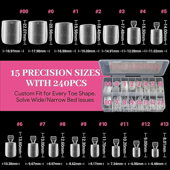 Soft Toe Nail Gel Tips 240 Pcs Full Cover Square Press Ons Clear False Toenails, Pre-Buffed Double Matte Press on Toenails, 15 Sizes Artificial Acrylic Toe Nails Extensions for Home DIY Salon