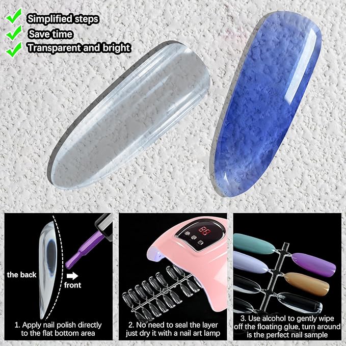 240PCS Flat Long Almond Nail Display Tips,Solid Clear Acrylic Nail Color Swatches for Nail Art Design Pattern Practice and Nail Display
