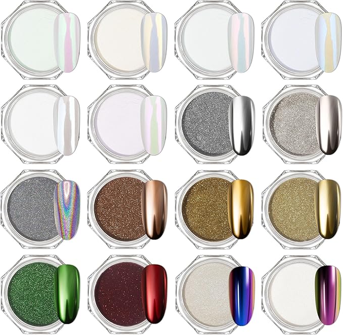 Artdone Chrome Nail Powder 16 Colors, Iridescent Aurora Chameleon Powder Metallic Mirror Effect Pigment Pearlescent Mermaid Pearl Glitter Dust Kit, Nail Art Decoration, Resin Craft