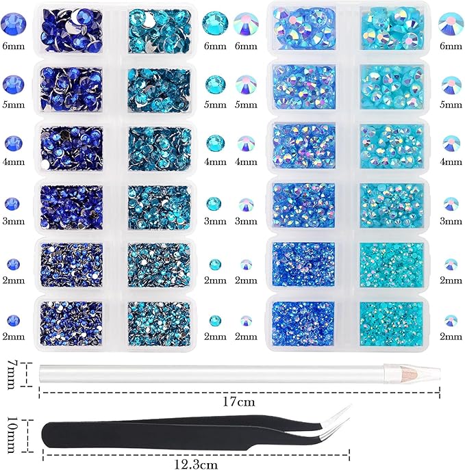 15000PCs 2-6MM Blue Series Resin Flat Back Rhinestones, Round Non Hotfix Jelly & Silver Bottom Resin Rhinestones Nail Gems Stones with Tweezer & Picker Pen for Nail Art Tumblers & DIY Crafts