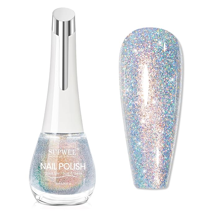 Glitter Nail Polish Quick Dry Finger Nail Polish Non Gel High Glossy Shiny Shimmer Nails Laquer Oil-based Holo Fingernail Air Dry Fast Manicure Gift For Women Girls 16ml, 0.54fl oz
