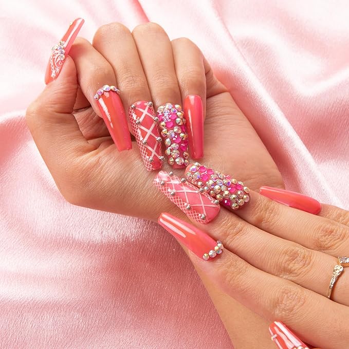 LOVFUL Press on Nails Rose Whispers | Handmade with Full Covered Crystals | Reusable Fake Nails | Coffin Classic Regular 1.3 in | H158-L
