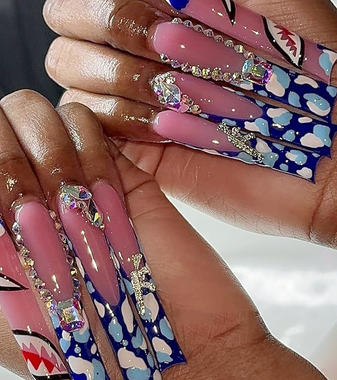 Press on Nails Square - Extra Long Fake Nails with 3D Rhinestones and Bows, Blue French Tips False Nail with Glue Sticker, Stick On Nails for Women, 12 Sizes - 24 Nail Kit, Arctic Gleam