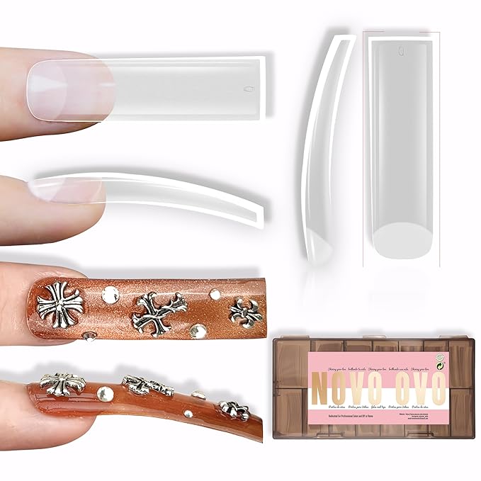 NOVO OVO Halloween XXL Shape Square Slight Curved Nail Tips No C Curve, Extra Thick Natural Curve Clear False Nails Press on, Full Cover Soft Gel Extension Fake Nail Acrylic for DIY x 15 Size 240pcs
