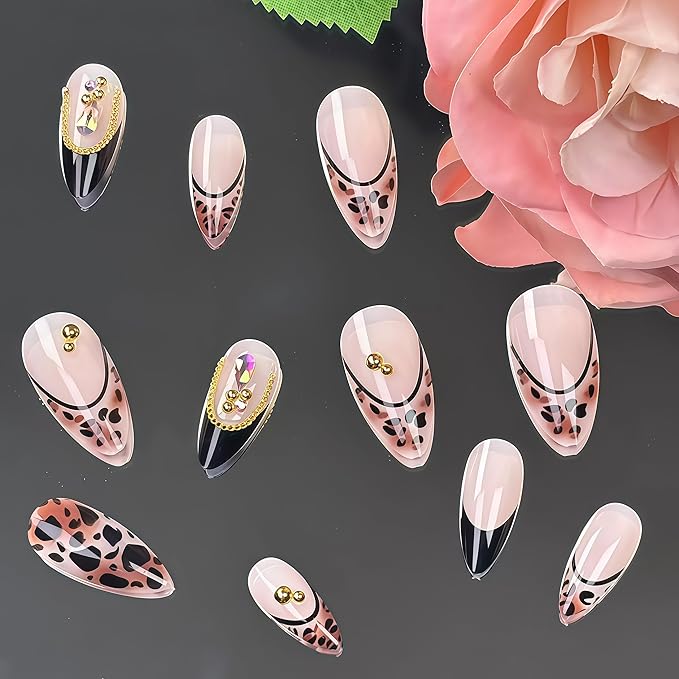 French Tip Leopard Print Press on Nails Medium Almond False Nails with Gold Design Fake Nails Black French Tips Glossy Artificial Nails Gold Beads Full Cover Stick on Nail for Women Manicure 24Pcs