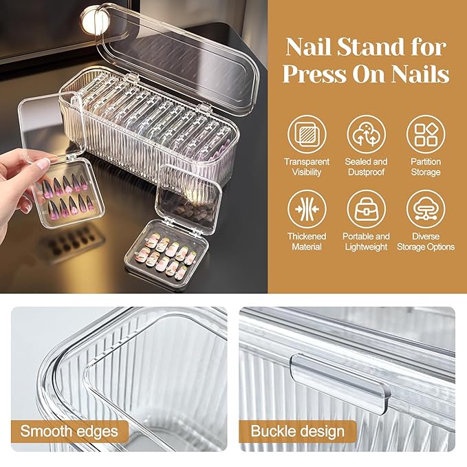 INMORVEN Press On Nail Storage Box 14 PCS Organizer with 1 Large Case & 60 Adhesive Tapes, Clear Acrylic Display Container for Fake Nails Salon Business or Personal Use (14 PCS Single Layer)