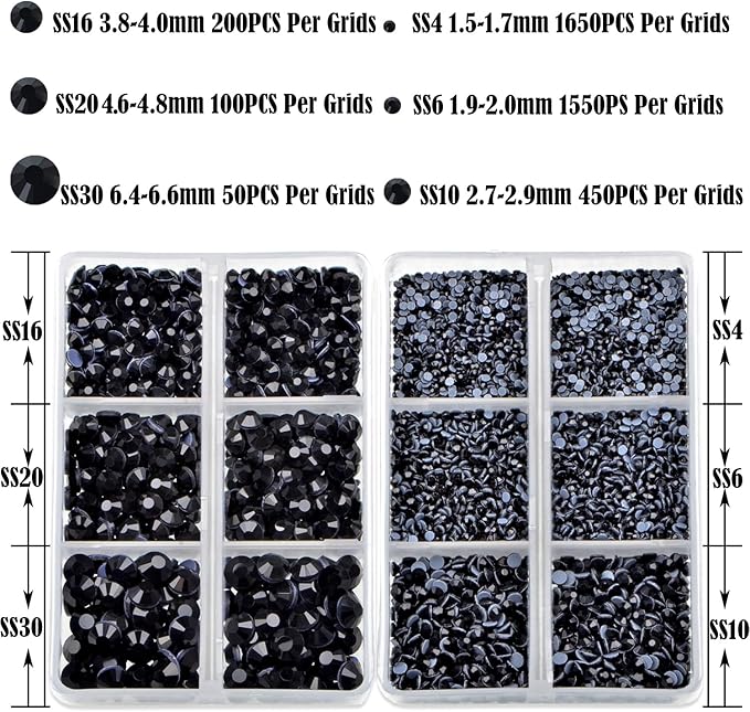 NCB Hotfix Iron on 8000pcs Crystal Rhinestones Round Gem for Crafts Decoration DIY Jewelry Making with a Tweezers and 2 Picking pens (Black, 6Sizes SS4-SS30)