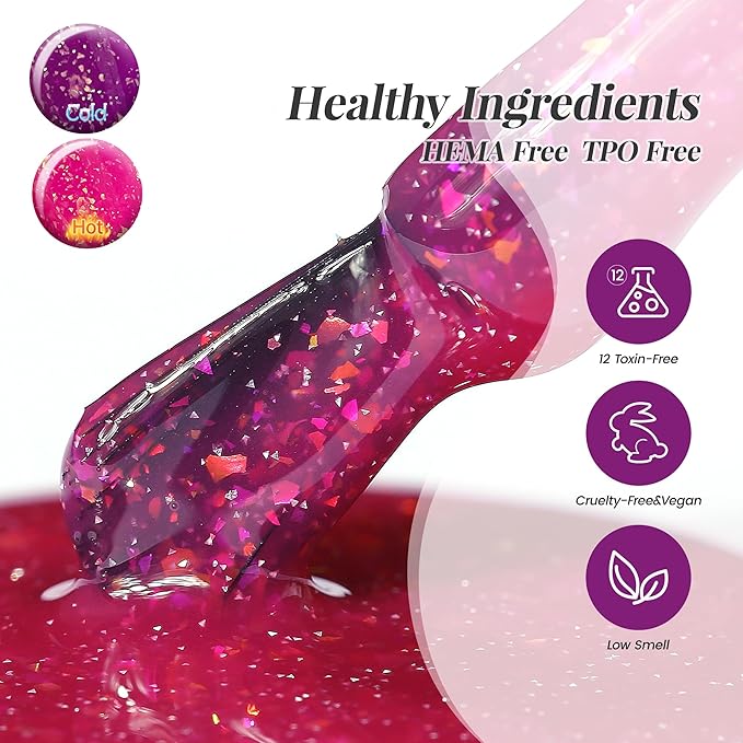 YTD Likomey Color Changing Gel Nail Polish 2 Pcs Set,15ml Hot Pink To Purple Pure Color and Brocade Glitter Nails Gel Kit,Thermal Ombre Change Colors Salon Manicure Fall Winter UV Varnish,WB2-4