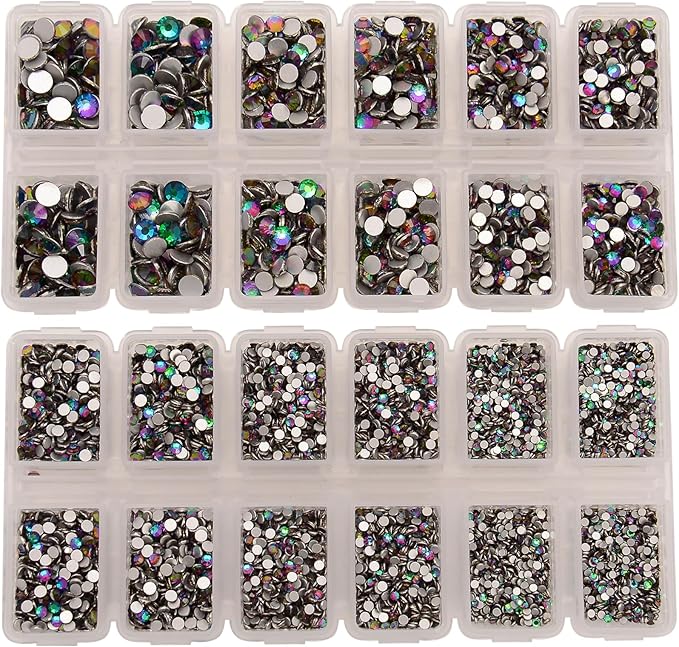 10000 Pieces Rhinestones 6 Sizes Round Crystal Glass Flat Back Rhinestones with 1Tweezers and 1Picking Pen for Nail Art Crafts Clothes Bags DIY (Green Volcano)