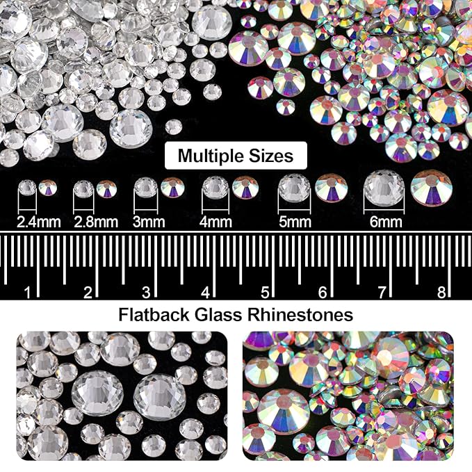 4000PCS Flatback Rhinestones and Half Round Pearls Kit #5, Multi Size Glass Clear & AB Crystals, Plastic Flat Back Black AB Dome Bead with Pickup Pencil and Tweezer for Nail Art