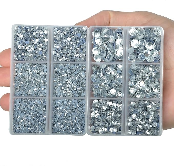 10000Pcs 2-Boxes Mixed Size Hot Fix Round Crystals Gems Glass Stones Hotfix Flat Back Rhinestones with Tweezers and Picking Pencil (Clear Crystal)