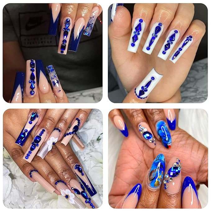 Nail Art Rhinestones HUETFAT 2400 Pcs Flatback Rhinestones Gems Stones Round Crystal Royal Blue 6 Sizes (1.9-4.5 mm) with Storage Organizer Box Wax Pencil Tweezers for Nail Art craft（Sapphire）