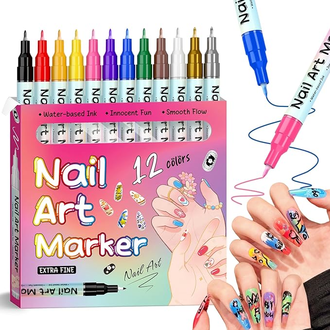 12 Colors Nail Art Pens Set, 2026 Newly Upgraded Nail Art Markers, 0.5MM Nail Polish Pens, Waterproof Quick-Drying Nail Art Marker Pens for Home & Salon Nail DIY Graffiti Dotting Drawing Painting