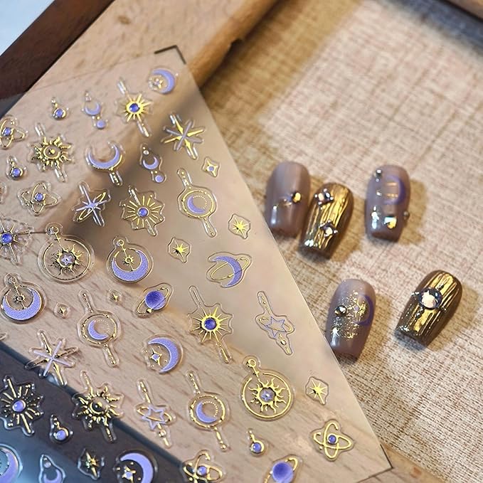 Star Moon Nail Stickers 5D Embossed Purple Moon Nail Decals 3D Self-Adhesive Gold Star Nail Supplies Sun Nails Designs Sky Universe Nails Decoration for Women Manicure 1 Sheet