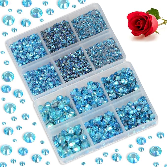 Bymitel Hotfix Crystal Rhinestones Round Gems for Crafts,Mixed 6 Sizes with Wax Pencil Kit, Aquamarine AB 1.6-6.3mm SS4-SS30/8000pcs