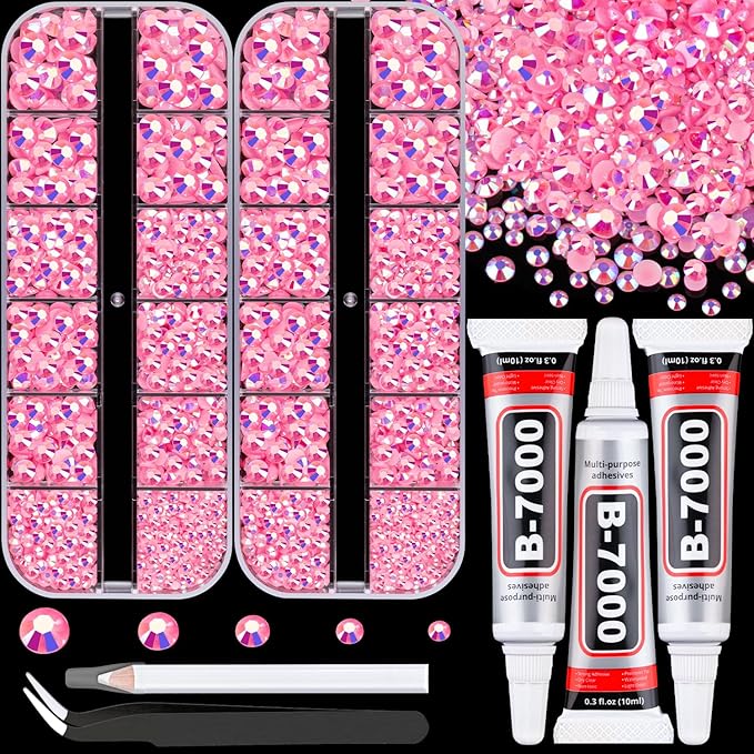 Resin Rhinestones for Crafting with 3Pcs 10ml B7000 Jewelry Glue, 2 Boxes Pink AB Flatback Gems Crystals Diamond for Bedazzling Crafts DIY Nail Art Makeup,Gems for Clothing Tumblers Shoes