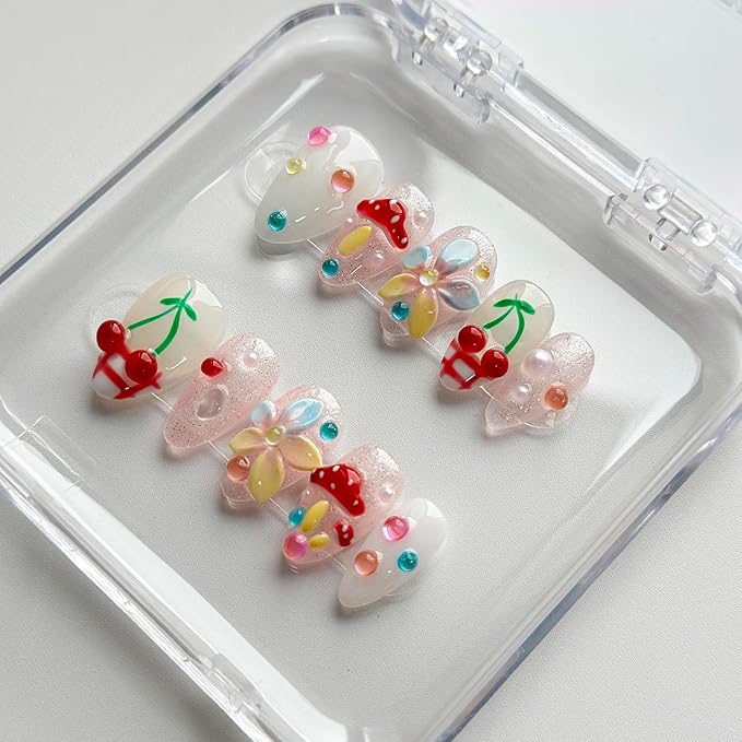 Luxury Press on Nails Short Almond Handmade 3D Unique Reusable ABS Material Fake Nails French Tip False Nails with Designs Mushroom Flower Glitter Glossy Glue on Nail Thick Acrylic Nail(M)