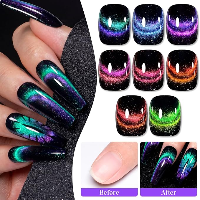 MEET ACROSS 9Pcs Cat Eye Gel Nail Polish Set Red Blue Purple Blue Magnetic Gel Polish Kit with Magnet, Soak Off UV Cateye Nail Polish DIY Manicure Kit 8 Colors