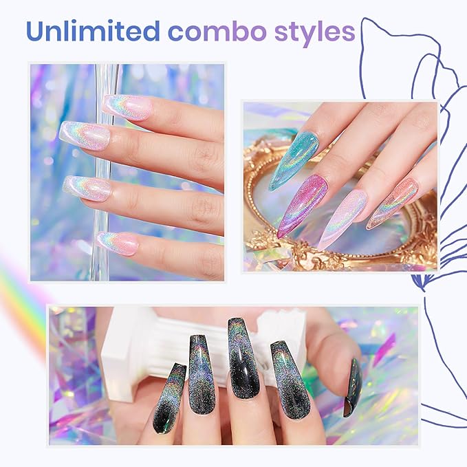MIZHSE Cat Eye Gel Nail Polish Rainbow Cat Eye Holographic Glitter 9D Cateye Soak Off U V LED Gel Polish for Nail Salon Home DIY Manicure 12ml