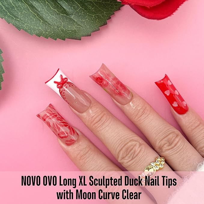 NOVO OVO Long Duck Nail Tips Full Cover Gel X Sculpted (not Natural) Soft Gel Duck Nails Tips with Moon Curve for Deep C-Curve Beds, Extra Thick Flare Tips, Transparent Clear, 15 Sizes 240 Pcs