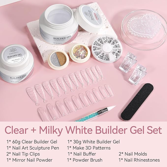 BORN PRETTY Builder Gel for Nails,Clear & White 3D Sculpting Hard Gel for Nail Art Non-Stick Hand for Nail Modeling, Sculpture, Nails Extension U V Manicure DIY At Home