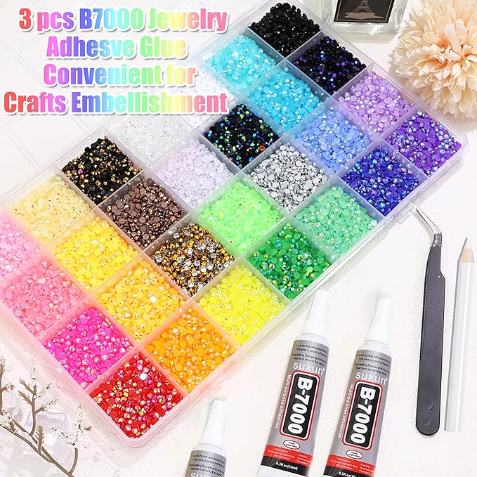 RODAKY 28 Color Rhinestone 3mm Resin Jelly Rhinestones Colorful Flatback Gems for Bedazzling Crystal Rhinestone Kit with 3Pcs 10ml B7000 Glue Diamond Jewels for Crafting DIY Art