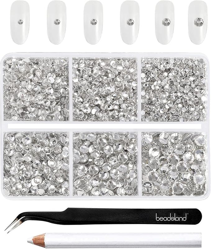 Beadsland 4300pcs Flatback Rhinestones,Clear Rhinestones Nail Gems Round Crystal Rhinestones for Crafts,Mixed 6 Sizes with Picking Tweezers and Wax Pencil Kit, SS6-SS20,Crystal