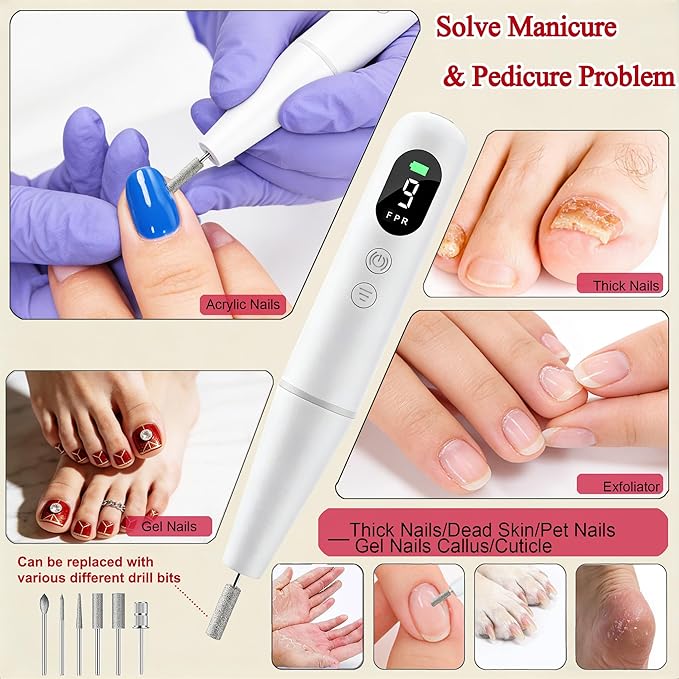 Salon-Grade Electric Nail Drill – Professional Cordless Nail File with LED Display, 6 Specialized Bits & 26 Accessories for Gel/Acrylic Nails & Thick Toenails (White)