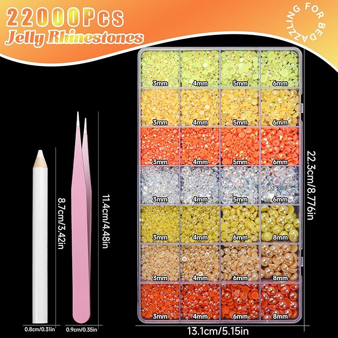 22000 Pcs Orange Flatback Pearls and Rhinestones Bedazzling Kit, Resin Rhinestones Gems for Crafting, Mixed Size Half Pearls Gems for Nails Face Eyes Makeup Bottles Shoes DIY Crafts