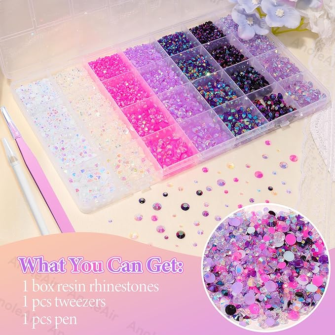 22000Pcs Pink Purple Rhinestones for Bedazzling, Jelly Resin Gem Rhinestones3-5mm, Purple Gems Bedazzling Kit for Crafting, Flatback Color Gems for Nails Face Makeup Tumblers