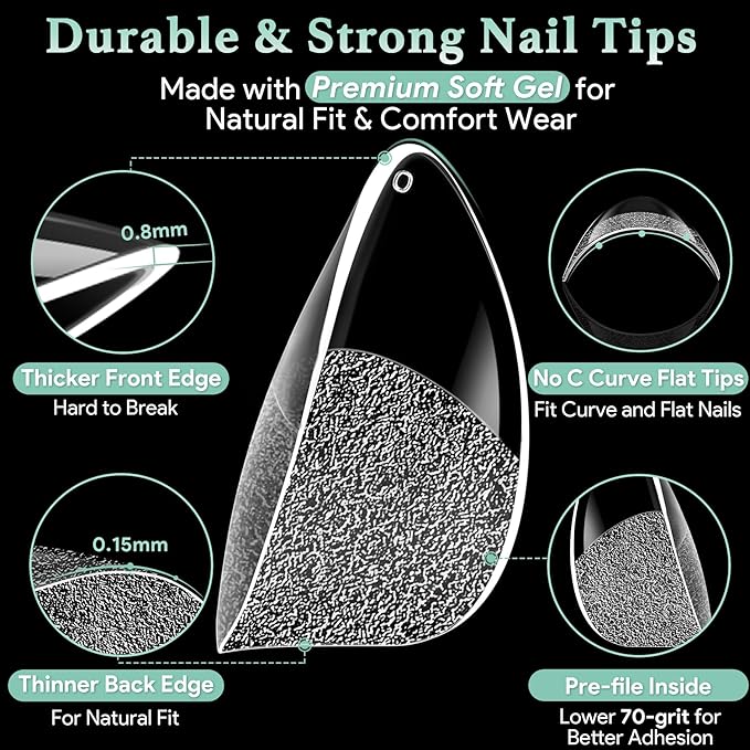 Extra Short Almond Nail Tips - 15 Sizes 330PCS Soft Gel Fake Nails, Half Matte Full Cover Pre-Shaped Clear Press On Acrylic Nails No C Curve for Extension, DIY Home Manicure Beauty Gifts
