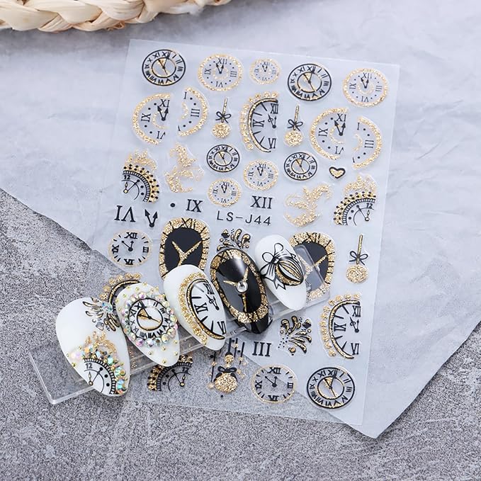 6 Sheets Christmas Nail Art Stickers 3D Gold Glitter Clock Nail Decals Self Adhesive Winter Nail Design Stickers New Year Nail Art Supplies Christmas Manicure Accessories for Women and Girls