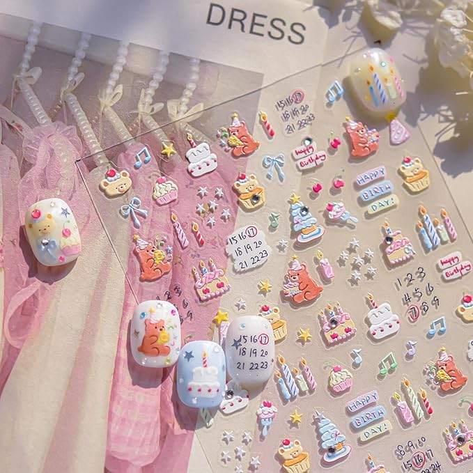 Cartoon Nail Stickers 3D Self-Adhesive Kawaii Animal Nail Supplies Yellow Bear Nail Decals 5D Embossed Cute Birthday Candle Cake Nails Designs for Women DIY Manicure 1 Sheet