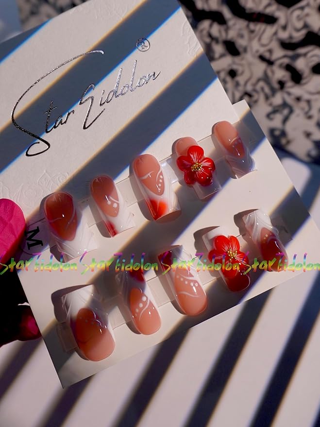 HAND-PAINTED White Press Ons Neon Small Press on Nails Long French Press on Nails Coffin Medium Short Nail art Fake Nail Art Kit with 7g Glue on Nails Handmade Almond Square Nails (Large, J4)