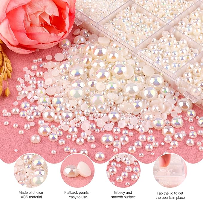 13000Pcs Flatback Pearls for Crafting (Beige AB), Assorted Size 2/3/4/5/6/8/10mm Half Pearl with 3Pcs 10ml B7000 Jewelry Glue, Bedazzling Bead for DIY Crafts Clothing Tumblers Shoes Nail Art