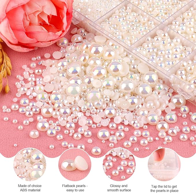 11000Pcs Flatback Pearls for Crafting (Beige AB), Assorted Size 2/3/4/5/6/8/10mm Half Pearl with 3Pcs 10ml B7000 Jewelry Glue, Bedazzling Bead for DIY Crafts Clothing Tumblers Shoes Nail Art