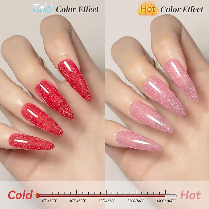 YTD Likomey Color Changing Gel Nail Polish,15ml Reflective Glitter Pink to Red Mood Temperature Change Colors Thermal Ombre Fall Winter Flash Sparkle UV Nail Varnish,HEMA Free TPO Free,WB508